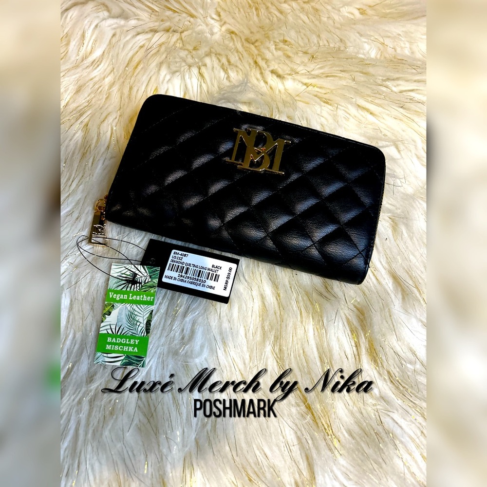 Badgley Mischka Vegan Leather Diamond Quilted Black Wallet